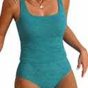 ZAFUL Womens Tankini Swimsuits Two Piece Tummy Control Bathing Suits Textured Tankini Swim Top with High Waisted Bottom (Teal, XL)