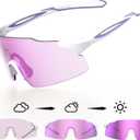 WGKVP Photochromic Running Glasses for Women and Man, with UV400 Protection Lightweight Wraparound Sports Glasses for Running & Outdoor Training (White Purple)