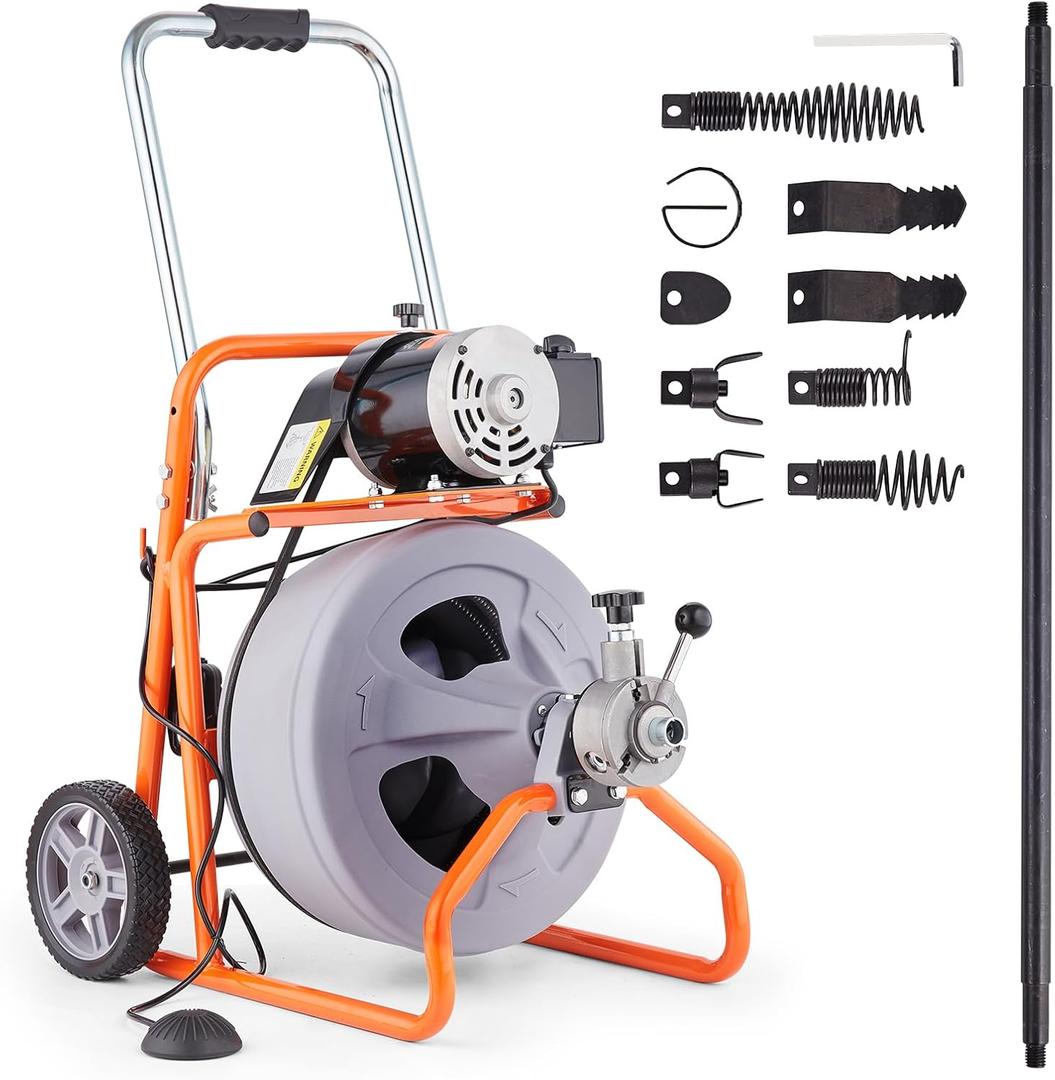 VEVOR Drain Cleaner Machine 75FT x 1/2 Inch, Auto Feed Sewer Snake Drain Auger on Wheels, Portable Drain Cleaning Machine with 8 Cutters & Air-activated Foot Switch for 2" to 4" Pipes