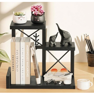 Abiglifty Desk Shelf Organizer, Wooden Desktop Organizers, 3 Tier Desk Hutch Small Bookshelf, Nightstand Organizer, Riser Display Stand for Office, Dorm, Home (Black)