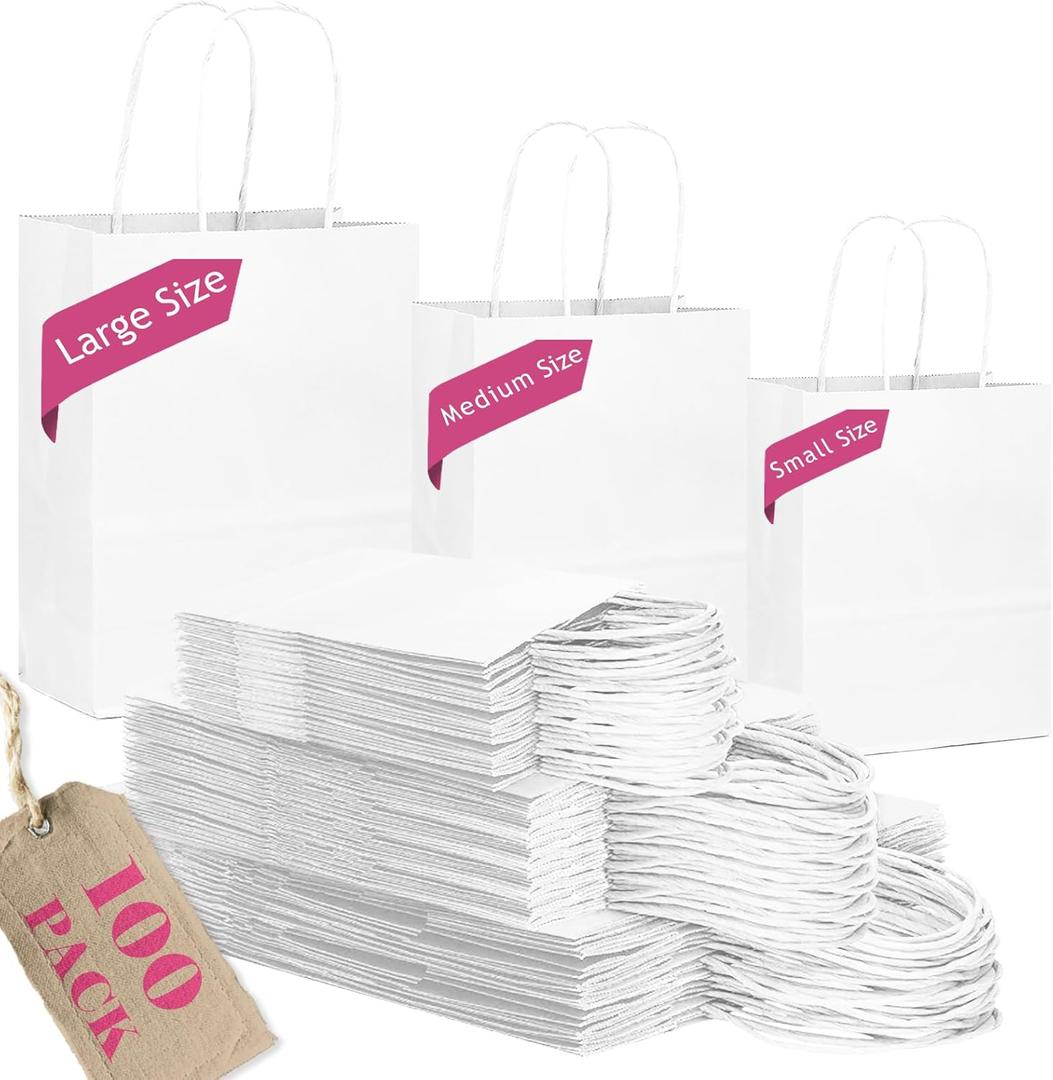 qiqee 100-Packs White Paper Gift Bags with Handles Assorted Sizes(33pcs Large 13", 33pcs Medium 11", 34pcs Small 8") 