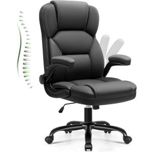Brick Attic Leather Office Chair with Flip Up Arms, 360 Swivel Ergonomic Desk Chair with Wheels, Adjustable Height Computer Chair with Padded Seat for Home Office, Study,Gaming Room, Black