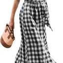 CHARTOU Women Summer Plaid Puff Short Sleeve Dress Button Down Long Shirt Dress with Belt Medium