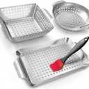 3 Piece Stainless Steel Grill Basket Set with Basting Brush, Heavy Duty Small Vegetable Grill Basket for Outdoor Grill - Perforated Compact BBQ Grill Pan & Wok Accessories for Gas, Charcoal, Veggies
