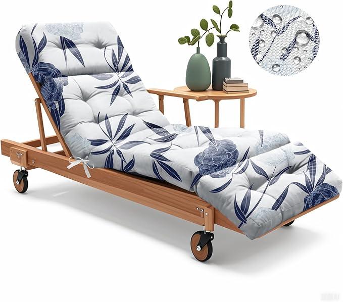 Outdoor Chaise Lounge Chair Cushion 75.1 x 22.8 x 4.7 Inches 100% Waterproof Replacement Cotton Patio Pool Lounge Chair Cushion for Outdoor Furniture with Ties, Blue Enchantress