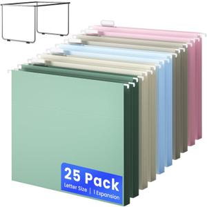 Hanging File Folders Letter Size, Metal File Frame with 25 Pcs Colored Hanging File Folders, 1'' Extension 1/5-Cut Tabs File Organizer Includes Hanging Folders for Desk Office Filing Cabinet