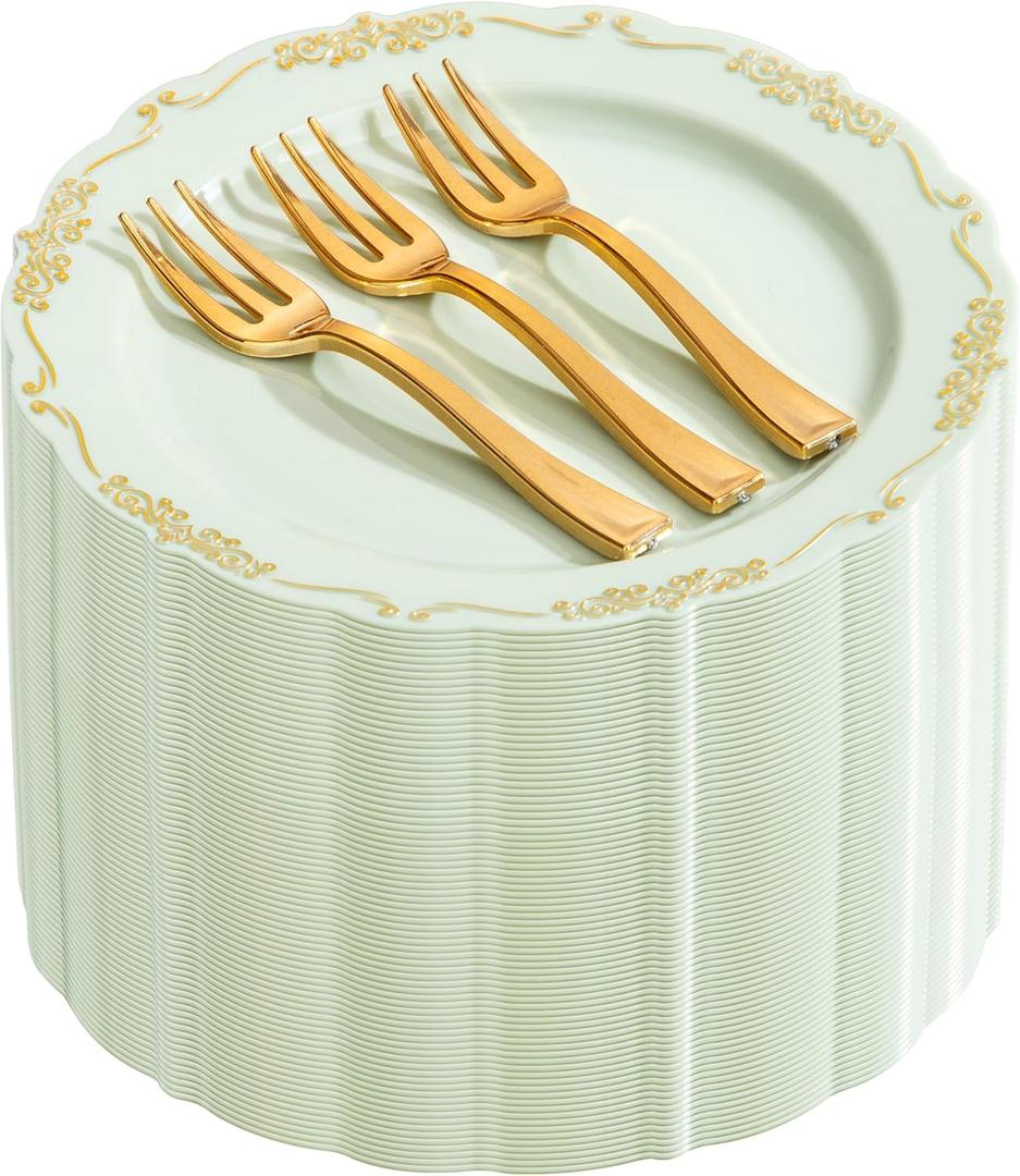 LIYH 100 Pcs Light Green Gold Plastic Dessert Plates with 100 Pcs Gold Dessert Plates, Disposable Sage Green Salad Plates, Includes: 100 Appetizer Plate 7.5" & 100 Golden Cake Forks 5"