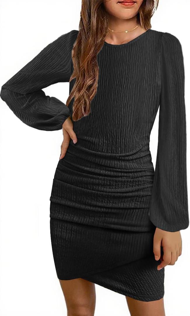 MITILLY Girls Fall Dress Long Sleeve Formal Short Dress with Slit Ruched Bodycon Party Prom Dance Graduation Fancy (Black, S)