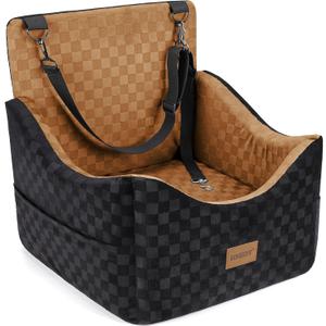 Joejoy Elevated Dog Car Seat for Small/Medium Dogs up to 35 lbs, Memory Foam Booster Seat with Detachable Washable Cover, Travel-Safe Car Bed with Safety Belts & Storage Pockets, Brown