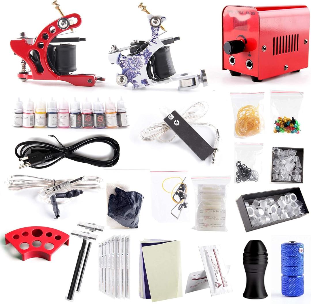 One Tattoo World Red Series Tattoo Kit 2 Tattoo Machines, Digital Power Supply, 10 Color 5ml Tattoo Inks, Grips, Needles, Transfer Paper etc, OTW-KTR210A