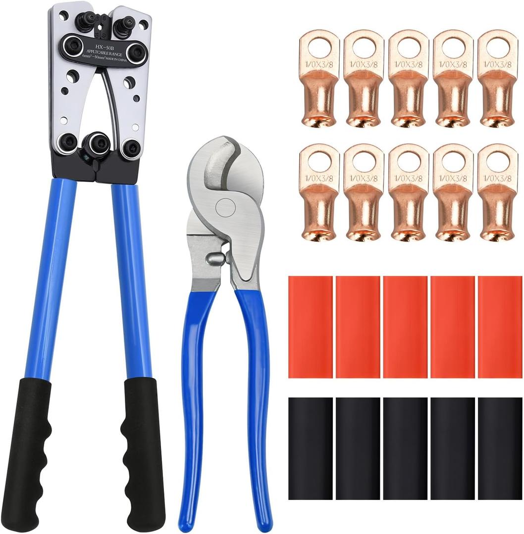 Cable Lug Crimping Tool Set, with 10pcs 1/0 AWG-3/8 Battery Lugs and 10pcs 3:1 Heat Shrink Tubing