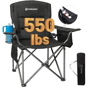 FUNDANGO Oversized Camping Chair for Adults, Heavy Duty Portable Foldable Lawn Chair with Padded Seat & Back, Lumbar Support, 4-can Cooler & Cup Holder, Carry Bag Included for Outdoor (1 Pack Black)