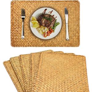 OwnMy Pack of 6 Natural Seagrass Placemats Woven Rattan Place Mat Rectangular Table Mats, 17" x 12" Sea Grass Meal Placemat Bamboo Place Mats for Dining Table Home Kitchen Picnic Table, Caramel Color
