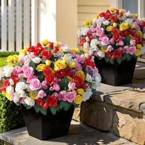 8 Bundles Artificial Roses for Front Door Outdoor Decor, Realistic Fake Silk Bouquets Flowers Faux UV Resistant Real Looking Rose Plants for Garden Farmhouse Home Spring Summer Decor (Mixed Color)