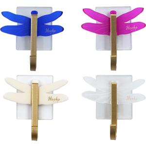 3 x S.T.D Bathroom Hooks, for Hanging Clothes, Towel, Hat, Bags, Key, Coat, Miscellaneous, Hook - Dragonfly 4 Colors Acrylic (Frosted) Family Decor Self-dhesive Hanging Hook4Pack