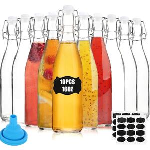 16 oz Flip Top Glass Bottle, 10 Pack Swing Top Glass Bottles, Clear Glass Beer Bottles for Home Brewing, Carbonated Drinks, Kombucha, Mead Kefir, Wine and Juice (500ML)