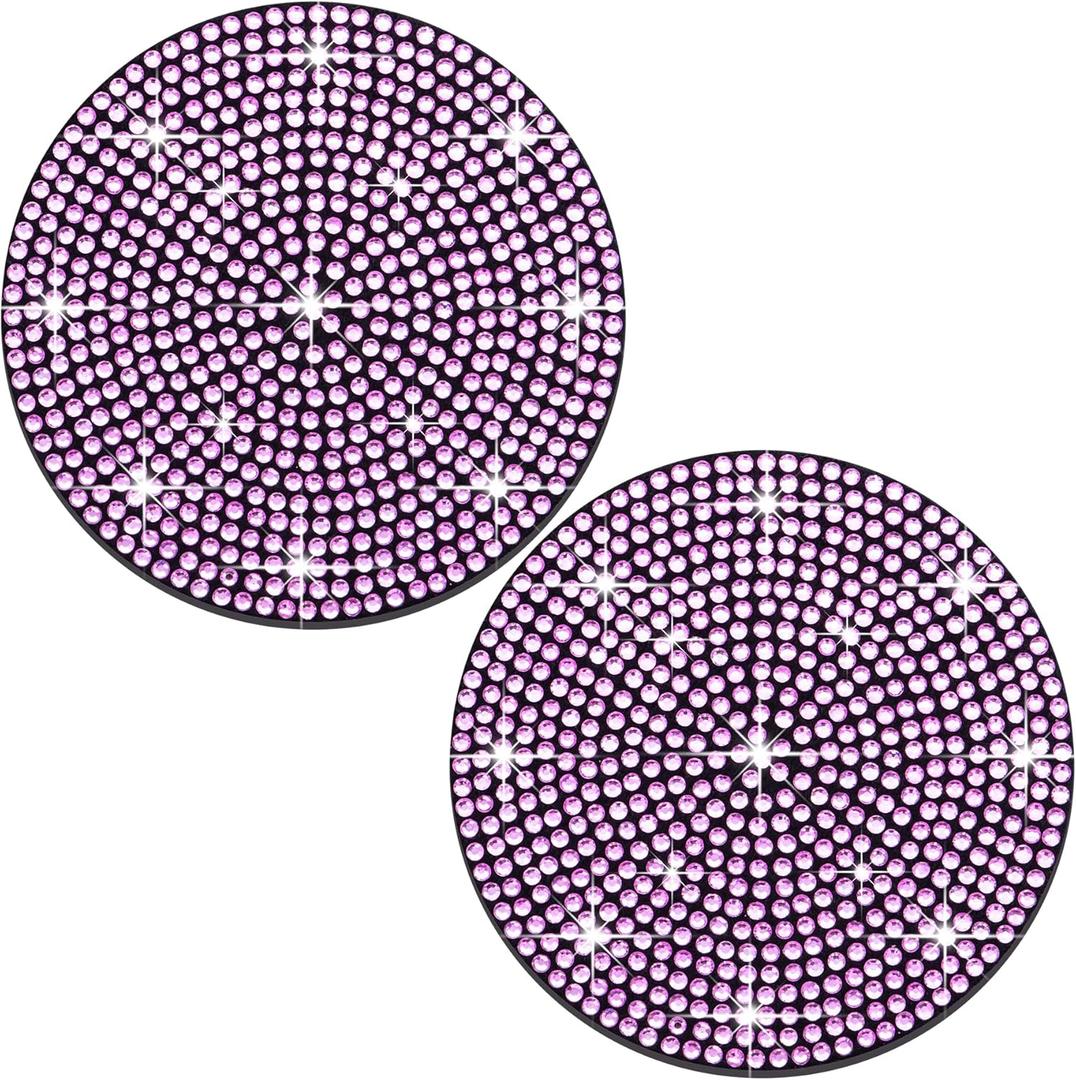 2PCS Bling Cup Holder Coaster, 2.75 inch Full Crystal Rhinestone Silicone Anti-Slip Shockproof, Universal Non-Slip Recessed Car Interior Accessories (Black & Pink)