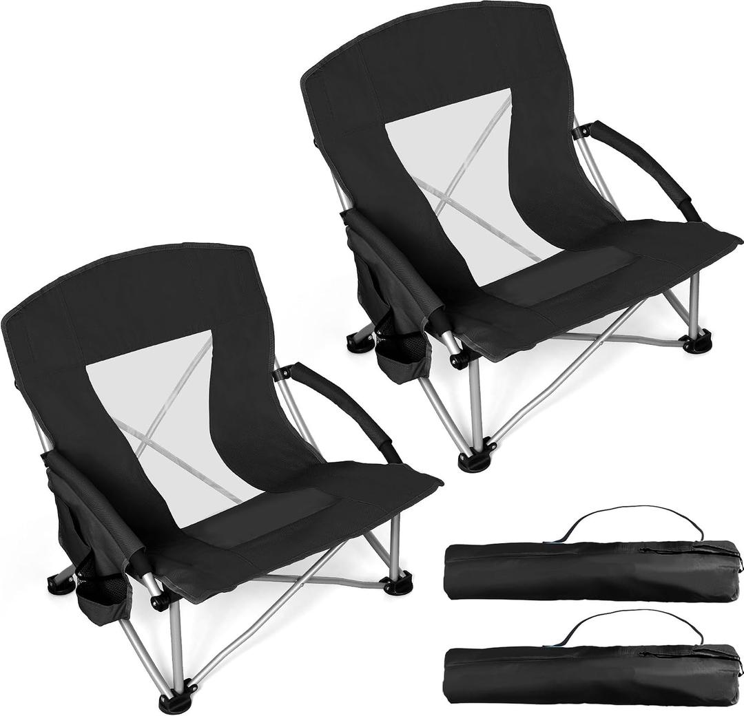 Joyfair Large Beach Chair for Adults(2 Pack), Big Outdoor Folding Camping Chairs, Heavy Duty Mid-Height Portable Chair for Fishing, Lawn, Sport, Cup Holder & Storage Pocket, Carry BagBlack