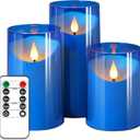 NURADA Flameless Candles: LED Pillar Acrylic Battery Candles with Remote and Timer for Wedding Party Romantic Decor - Pack of 3 Blue (4"x5"x6")