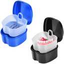 KISEER 2 Pack Colors Denture Bath Case Cup Box Holder Storage Soak Container with Strainer Basket for Travel Cleaning (Blue and Black)