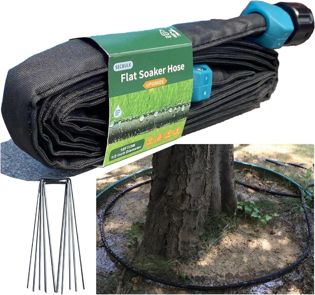 2025 Flat Soaker Hose 10 ft with Stakes for Garden, 10ft Linkable Drip Hose Diy Garden Irrigation System Saving 80% Water, Dual-layer Leak-free Design Water Hose with Holes 