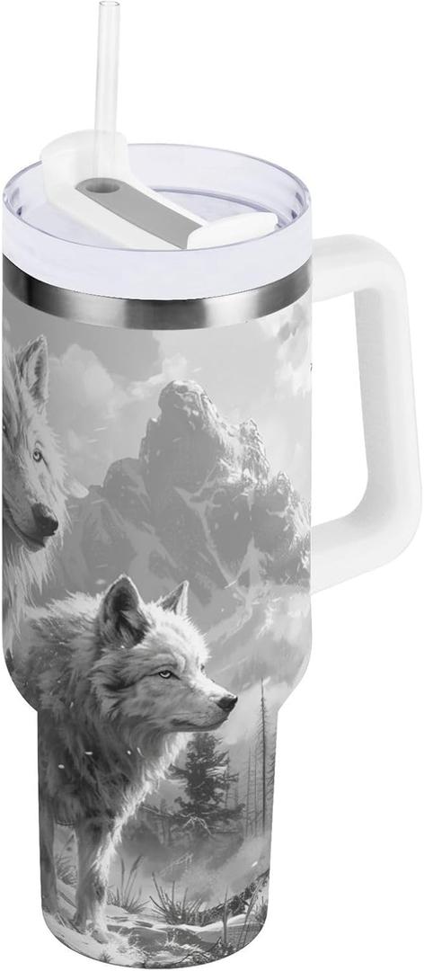 Nander 40oz Wolf Pack Family Tumbler with Handle and Straw Lid,Insulated Coffee Cup Reusable Stainless Steel Water Bottle Travel Mug Cupholder,Keeps Cold or Hot