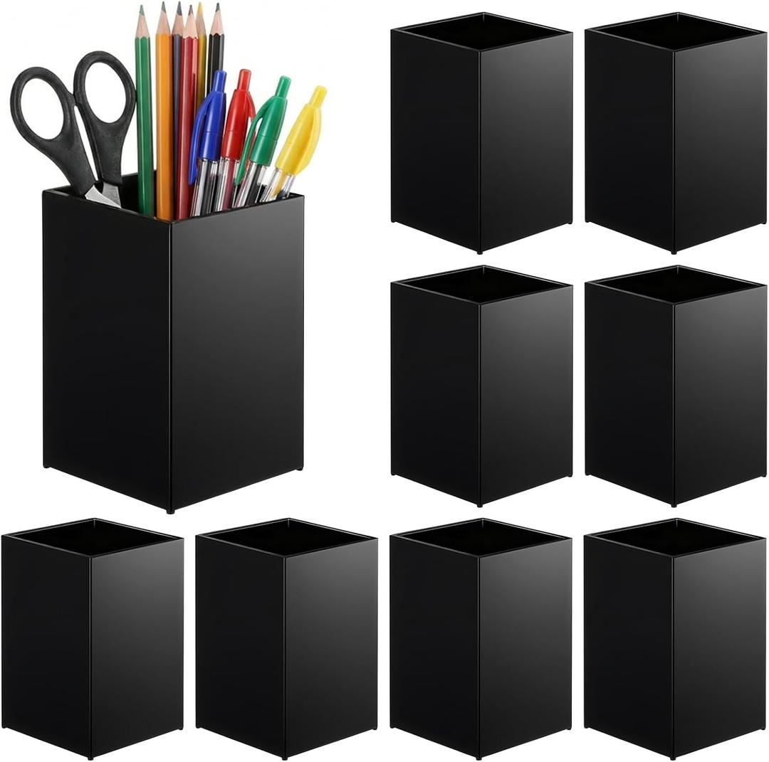 10 Pack Black Acrylic Pen Holder for Desk, Makeup Brush Holder Acrylic Pencil Cup Desktop Stationery Organizer for Office Home Brushes Markers Pen Organizer