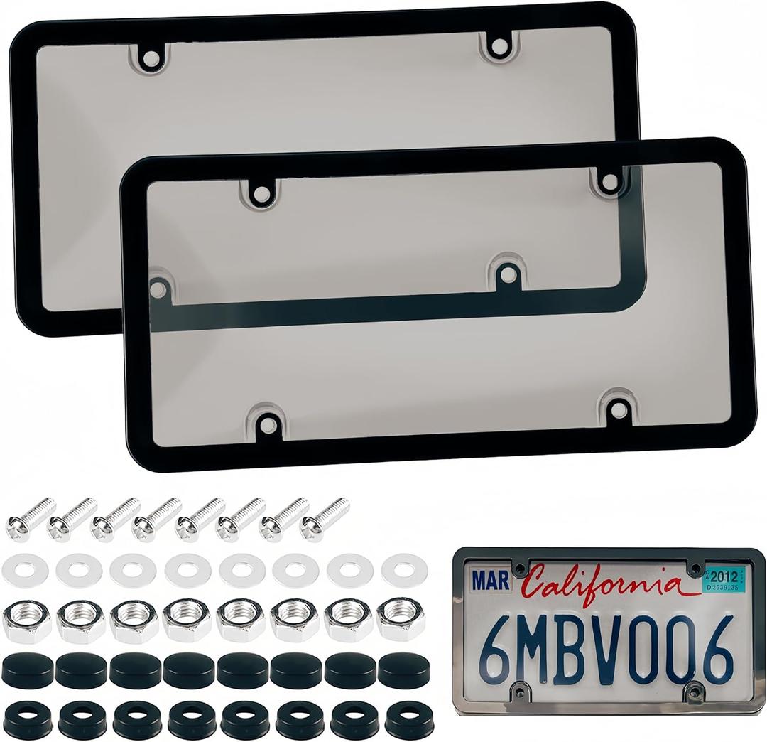 2 Pack Universal Car License Plate Cover & Frames Combo - Clear License Plate Protector with Screws & Caps, Rust-Proof, Unbreakable Front/Rear License Plate Shields for Most US Standard Cars