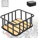 PIREKZUNT Bike Rear Basket with Waterproof Cover, Cargo Net, Wooden Base, 13.8"X11.8"X6.7" Heavy Duty Metal Ebike Rear Basket for Most Bike and E-Bike