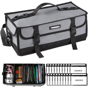 Large Fishing Tackle Bag for Soft Plastic Baits Storage, 20PCS Soft Bait Clear Storage Bag, Fishing Gear Organizer for Weights, Reels & Hooks, 900D Waterproof Oxford Fabric, Grey
