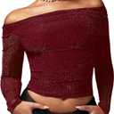 WDIRARA Women's Glitter Off The Shoulder Ruched Long Sleeve Cocktail Party Crop Top Large