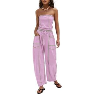 LAMISSCHE Womens Casual Strapless Jumpsuits off the Shoulder Summer Rompers Sleeveless One Piece Outfits with Pockets, Small