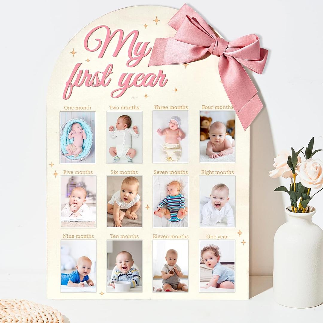 3D Pink Bow My First Year Photo Frame Board Monthly Milestone Wooden Display Board Coquette 1st Birthday Girl Decorations Babys First Year 12 Months Sign Nursery Decor Keepsake Baby Shower Gifts