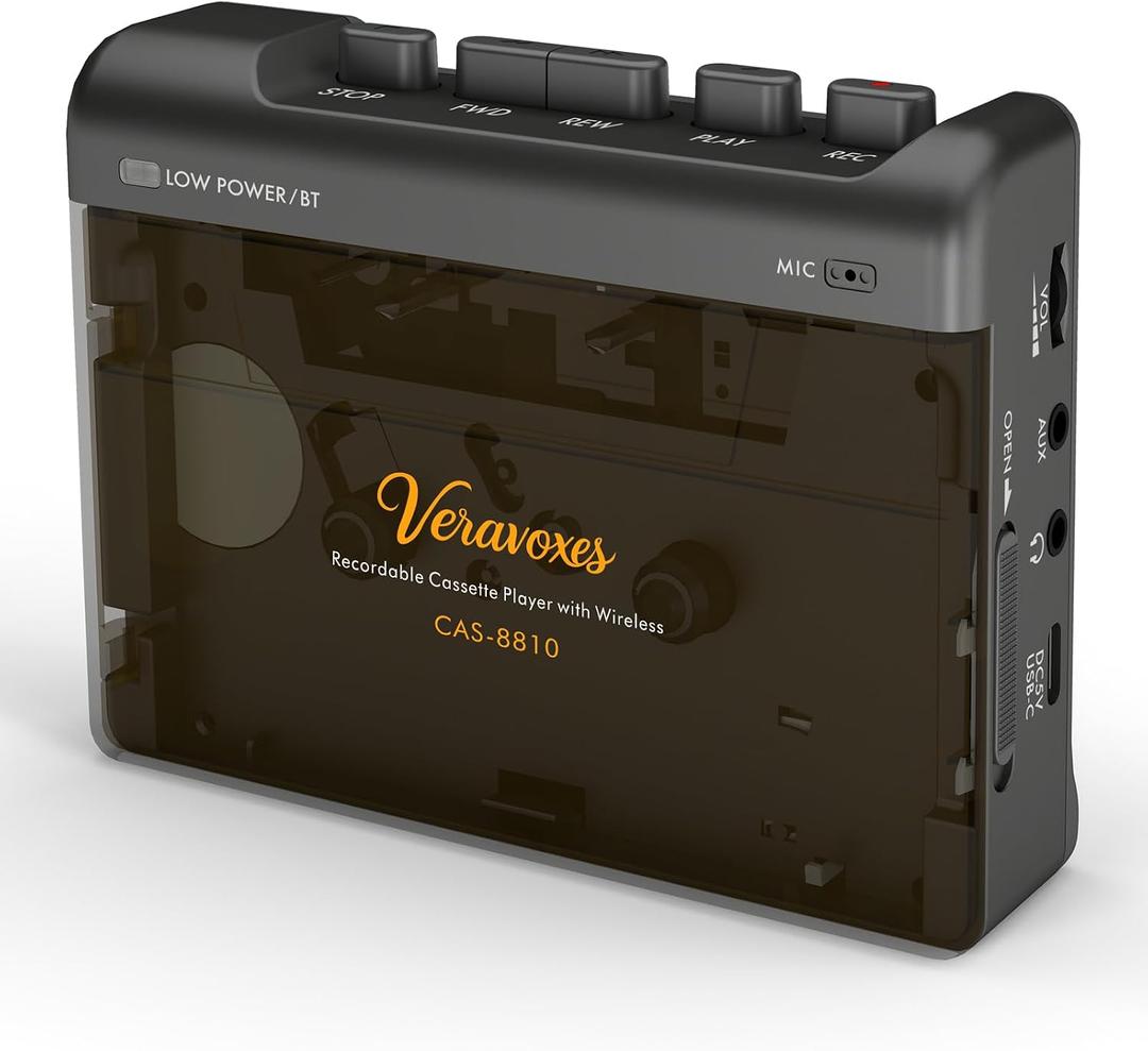 Portable Bluetooth Cassette Tape Player, Cassette Player Recorder,Equipped with Headphone and AUX Ports, Support AUX Line in Record,Built-in Microphone, Powered by DC or AA Battery (Black)