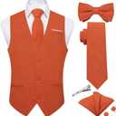 DiBanGu Mens Linen Suit Vest Casual Waistcoat and Necktie & Pre-tied Bowtie Set 6PCS Solid Color Dress Vest for Wedding Party (Orange, XXL)