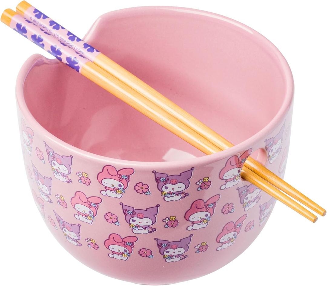 Silver Buffalo Sanrio Hello Kitty and Friends My Melody and Kuromi Pastel Flowers Ceramic Ramen Noodle Rice Bowl with Chopsticks, Microwave Safe, 20 Ounces