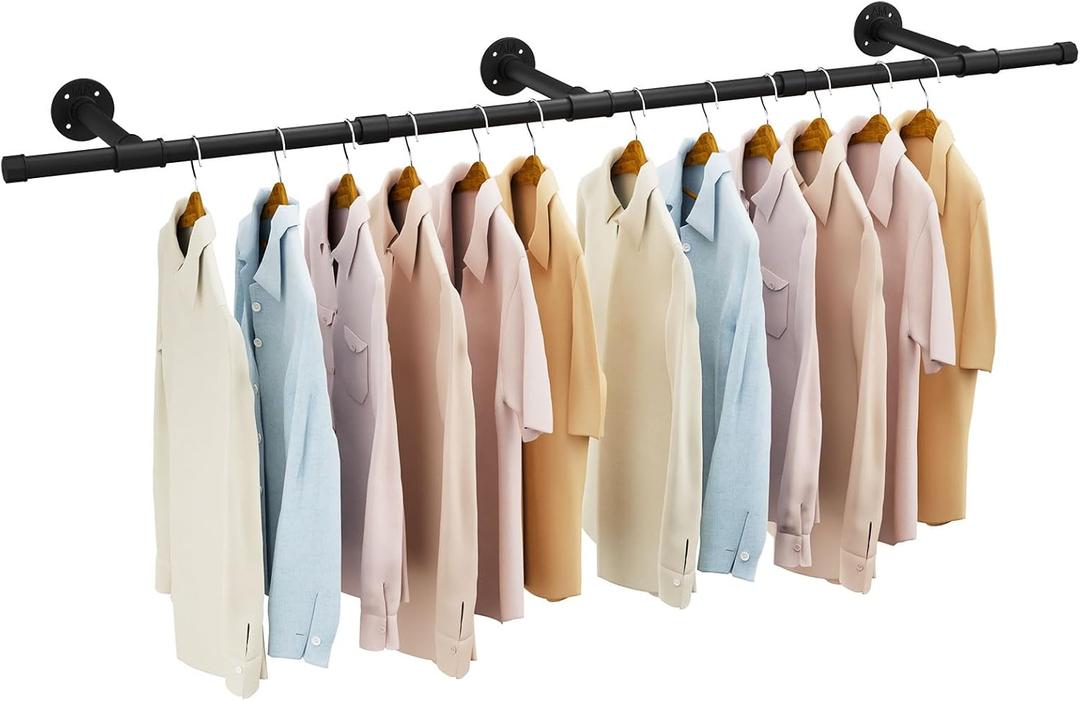 IBUYKE Industrial Pipe Clothes Rack, 61.4 Inch Wall Mounted Clothing Rack, Space-Saving Hanging Closet Rod, Heavy Duty Multi-Purpose Garment Rack for Closet and Laundry Room, Black TYJ007H