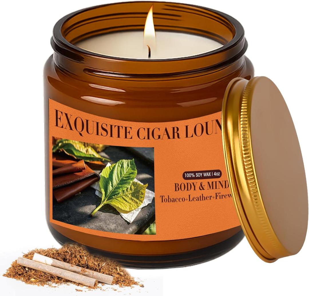 Tobacco & Leather Candles for Home Scented, 4oz Natural Soy Wax Masculine Scents Jar Candle Gifts for Men, Friends, Teacher, Relaxation & Stress Relief, 20H Long Burning