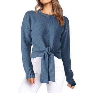 Okiwam Women's Long Sleeve Cropped Sweaters Casual Knit Pullover Tie Front Crew Neck Fall Outfits Fashion Clothes 2025(Size XL) Dark Blue