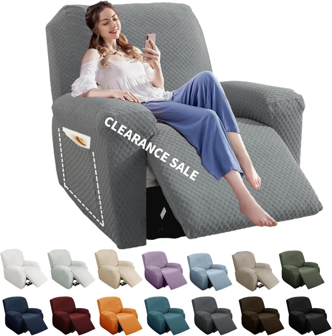 YEMYHOM 4 Pieces Stretch Recliner Slipcover Latest Jacquard Recliner Chair Cover with Side Pocket Anti-Slip Fitted Recliner Cover Couch Furniture Protector with Elastic Bottom (Recliner, Light Gray) (Standard 1 Seater)