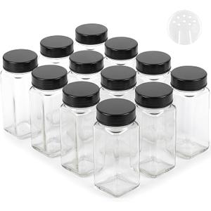 Glass Spice Jars and Black Stainless Steel Lids (12 x 4oz) Spice Containers with Shaker Inserts - Add-On Pack Without Labels or Accessories