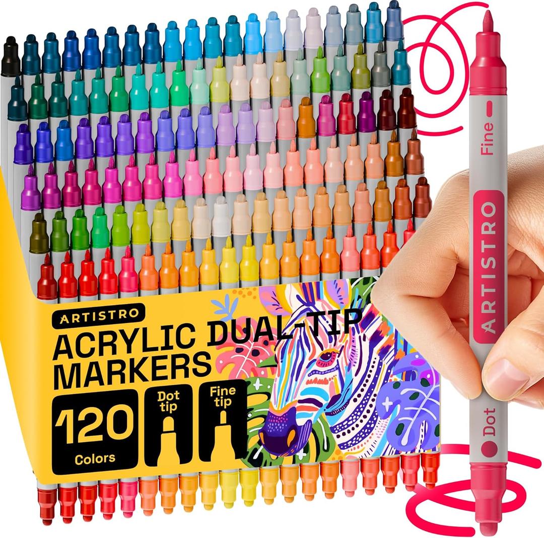 ARTISTRO 120 Acrylic Paint Markers for Rock, Fabric, Wood, Glass, Eggs - Dual-Tip Paint Pens for Coloring Books for Adults, Teens, Kids - Art & Craft Supplies - Gift Idea - Easter Basket Stuffers