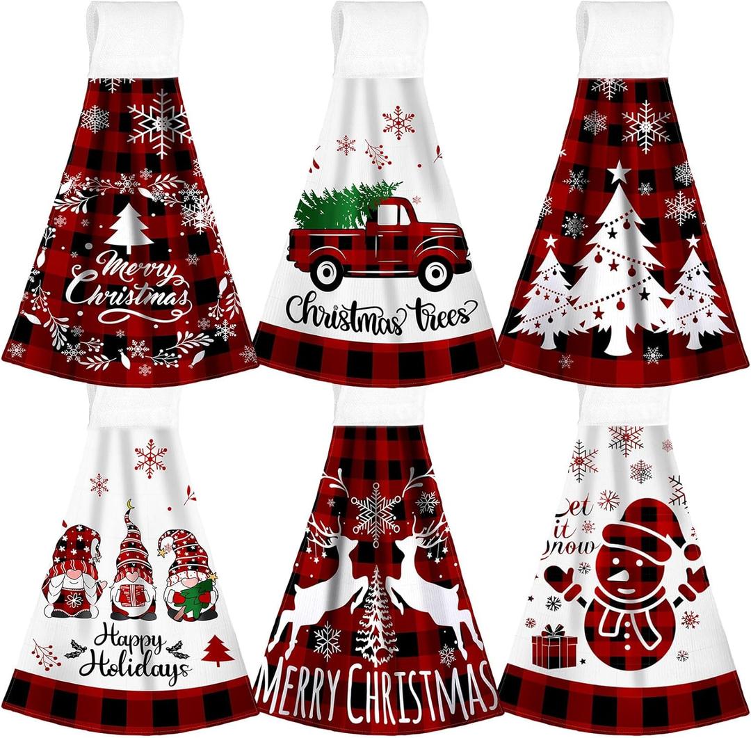 6 Pcs Christmas Hanging Kitchen Towels with Loop Hand Tie Towels Microfiber Drying Baking Cooking Cloth(Red, Christmas)