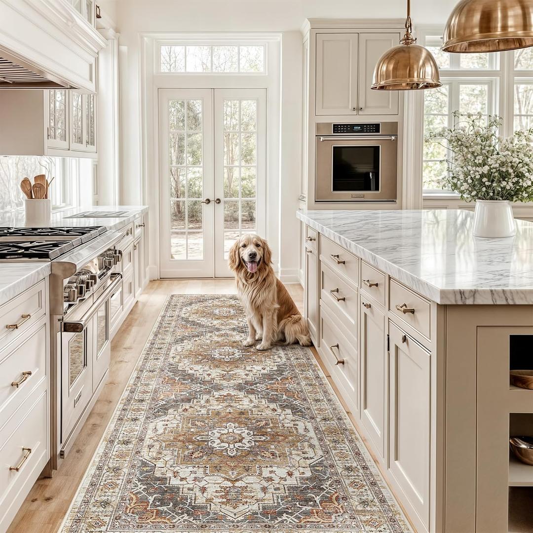 Madane Hallway Runner Rug 2'6''x10' Kitchen Runner, Non Slip Vintage Runners for Hallways Washable Kitchen Rugs Soft Low Pile 2.5x10 ft Rug Runner for Laundry Room, Entryway and Bedroom, Turmeric/Grey