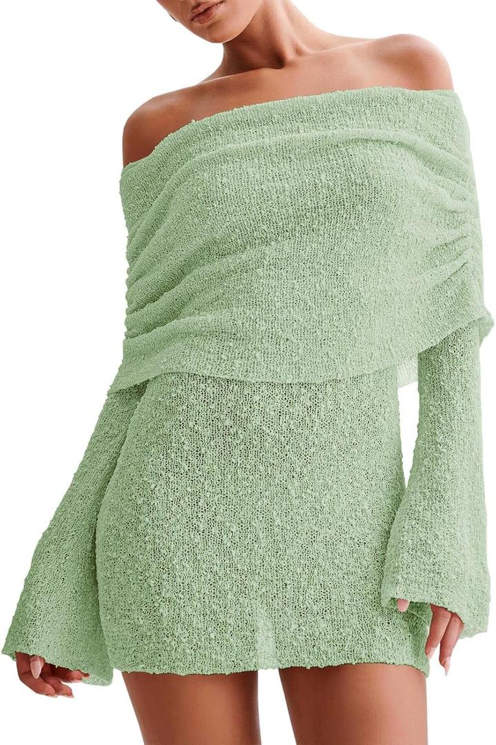Women's Off Shoulder Cover Ups Summer Beach Swimsuit Long Bell Sleeve Sheer Dress Bathing Suit Coverup (Green, XXL)