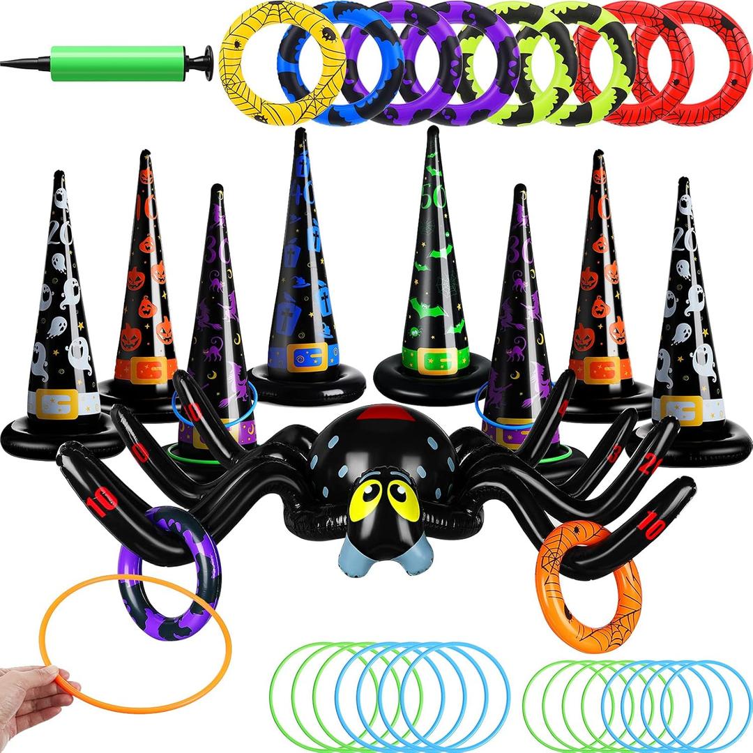 33 Pieces Halloween Party Games Toys Set Including 8 Inflatable Witch Hats Inflatable Spider Witch Hat 15 Plastic Ring Toss 8 Rings Air Pump Fun Halloween Carnival Game for Family Party Game Supplies