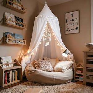 LOAOL Bed Canopy with Pom Pom Kids Reading Nook Hanging Tent (White)