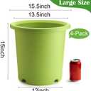 4-Pack 16 inch Large Deep Planters for Outdoor Plants -Light Green | Plastic Plant Pots with Drainage Holes & Elevated Base for Root Aeration, 10-Gallon Heavy-Duty Garden Flower Pots, 16"W 15"H