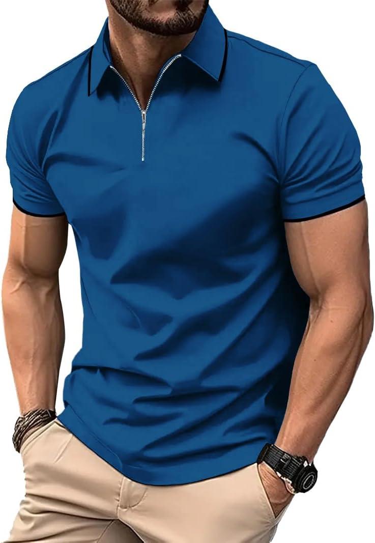 ZITY Polo Shirts for Men Quarter Zip Short Sleeve Casual Shirt (Blue, L)