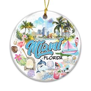 2 Pack Miami Florida Christmas Ornament 2025 – Colorful City Skyline Souvenir with Palm Trees, Flamingo, Beach & Sailboat | Ceramic Travel Keepsake Gift for Miami Lovers, Florida Holiday Décor